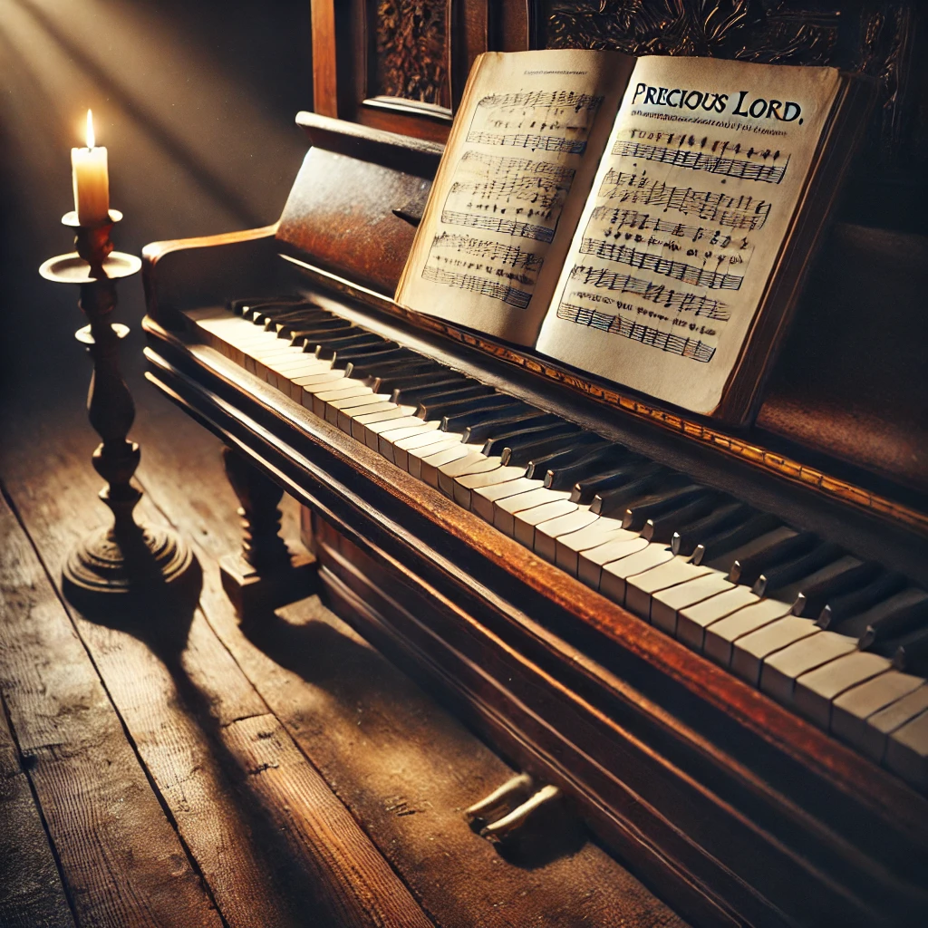 Photo illustration showing an open hymnal titled Precious Lord, Take My Hand on a vintage piano